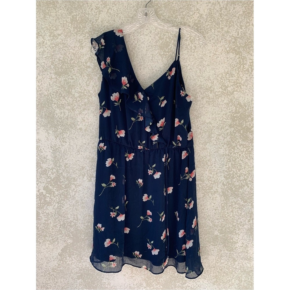 Maurices Navy Blue Floral Ruffle One Shoulder Chiffon Mini Dress Large